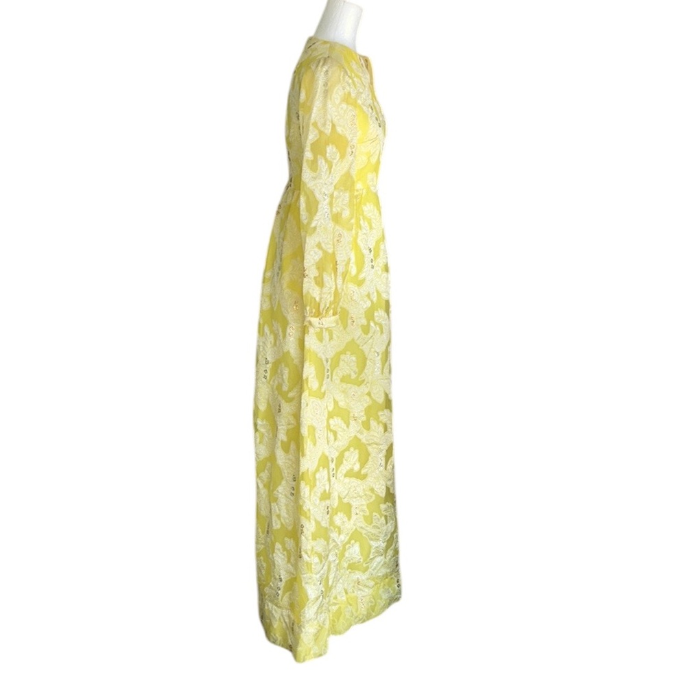 Vintage Handmade Yellow Metallic Gold Silver Floral Jacquard Maxi Dress Gown  XS - Picture 4 of 9